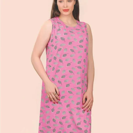 پیراهن زنانه بلند آستین حلقه ای صورتی طرح برگ