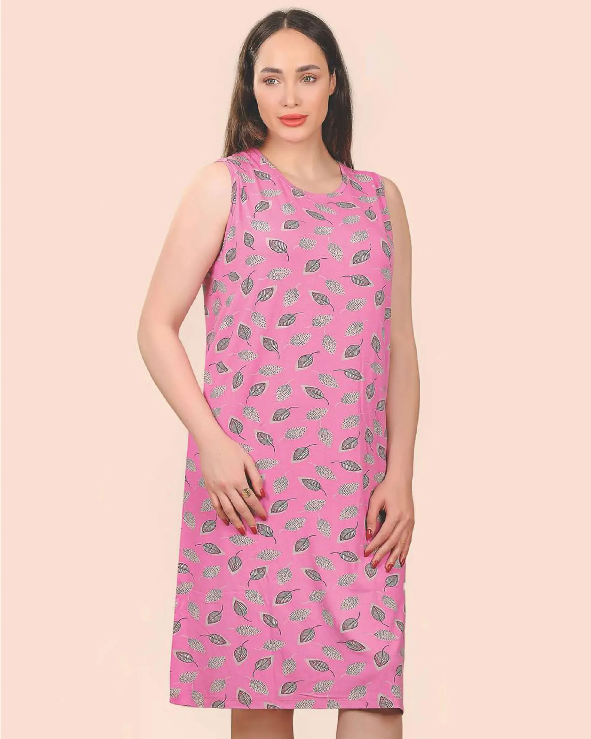 پیراهن زنانه بلند آستین حلقه ای صورتی طرح برگ