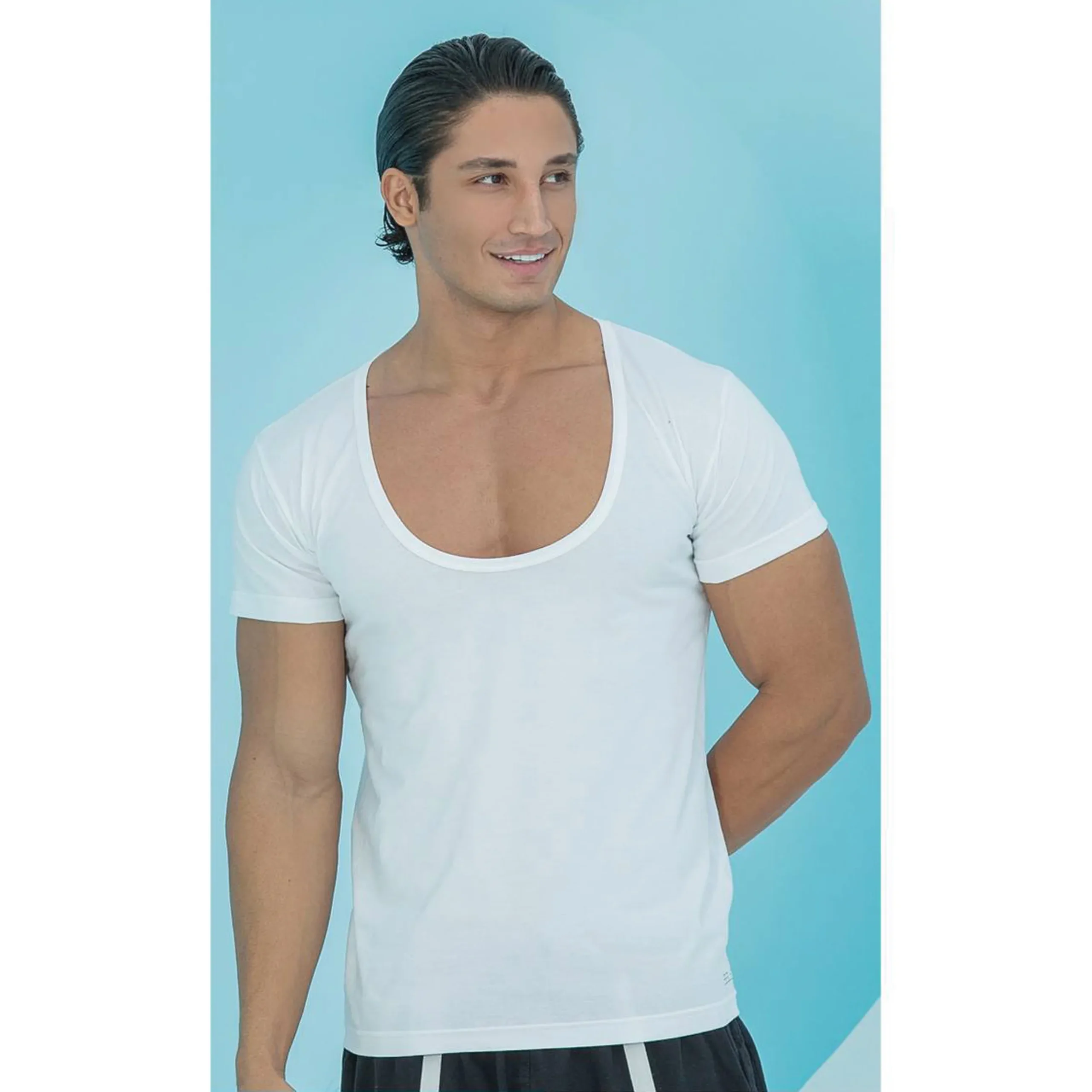 زیرپوش نیم آستین مردانه یقه هلالی سفید بلکس