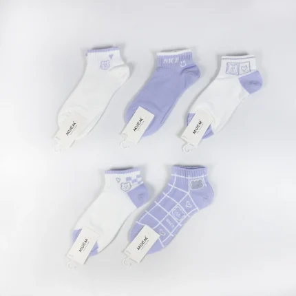 جوراب مچی زنانه - سفید و بنفش طرحدار