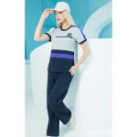 ست زنانه تیشرت تکه دوزی طوسی با نوار بنفش و شلوار سرمه ای