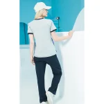 ست زنانه تیشرت تکه دوزی طوسی با نوار بنفش و شلوار سرمه ای