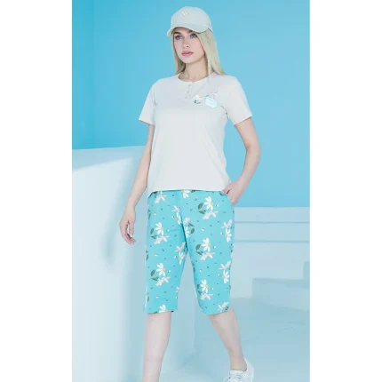 ست زنانه تیشرت سه دگمه و شلوارک چاپدار بلکس