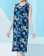 پیراهن آستین حلقه یقه گرد چاپدار بلکس - طرح برگ سرمه ای