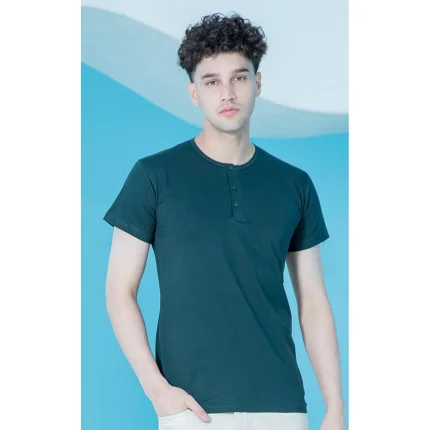 زیرپوش نیم آستین مردانه یقه سه دگمه ساده رنگی بلکس