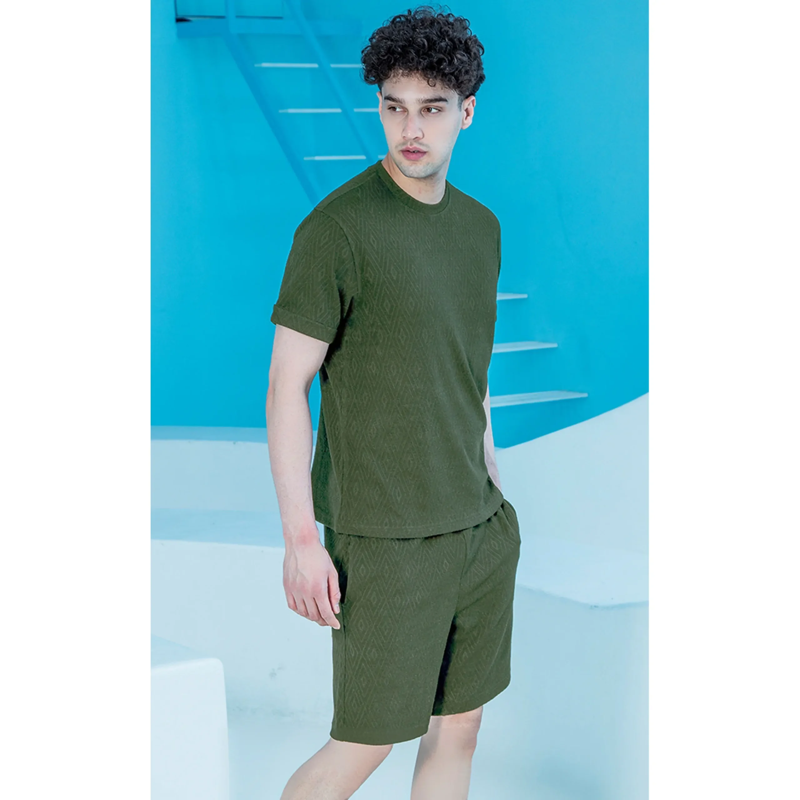 ست مردانه تیشرت و شلوارک ژاکارد یشمی