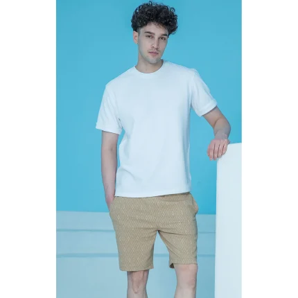 ست مردانه تیشرت سفید و شلوارک کرم ژاکارد