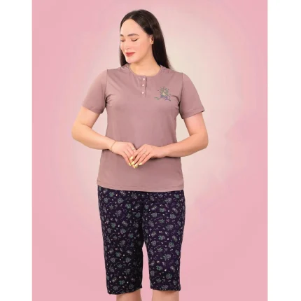 ست تیشرت یاسی و شلوارک سرمه ای گلدار evli