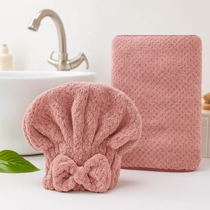 ست حوله استخری و کلاه صورتی چرک طرح کندویی PPS