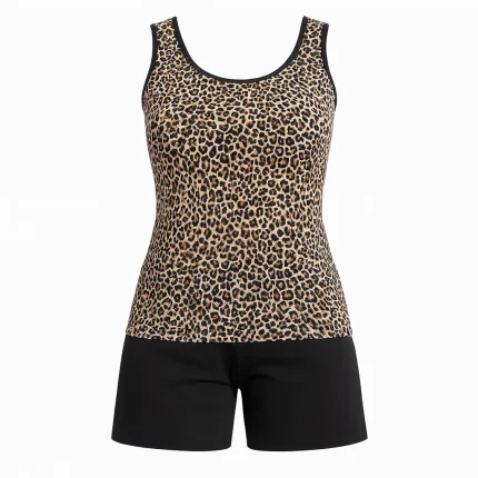 ست زنانه رکابی چاپدار پلنگي و شلوارک مشکی