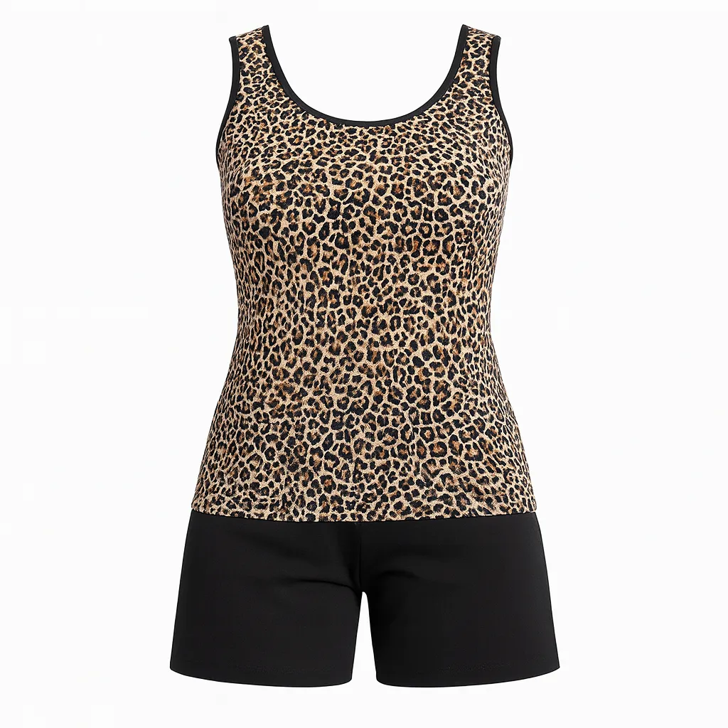 ست زنانه رکابی چاپدار پلنگي و شلوارک مشکی