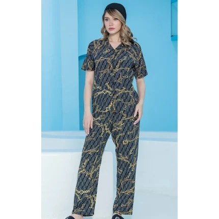 ست زنانه پیراهن آستین کوتاه و پیژامه طرحدار زنجیری