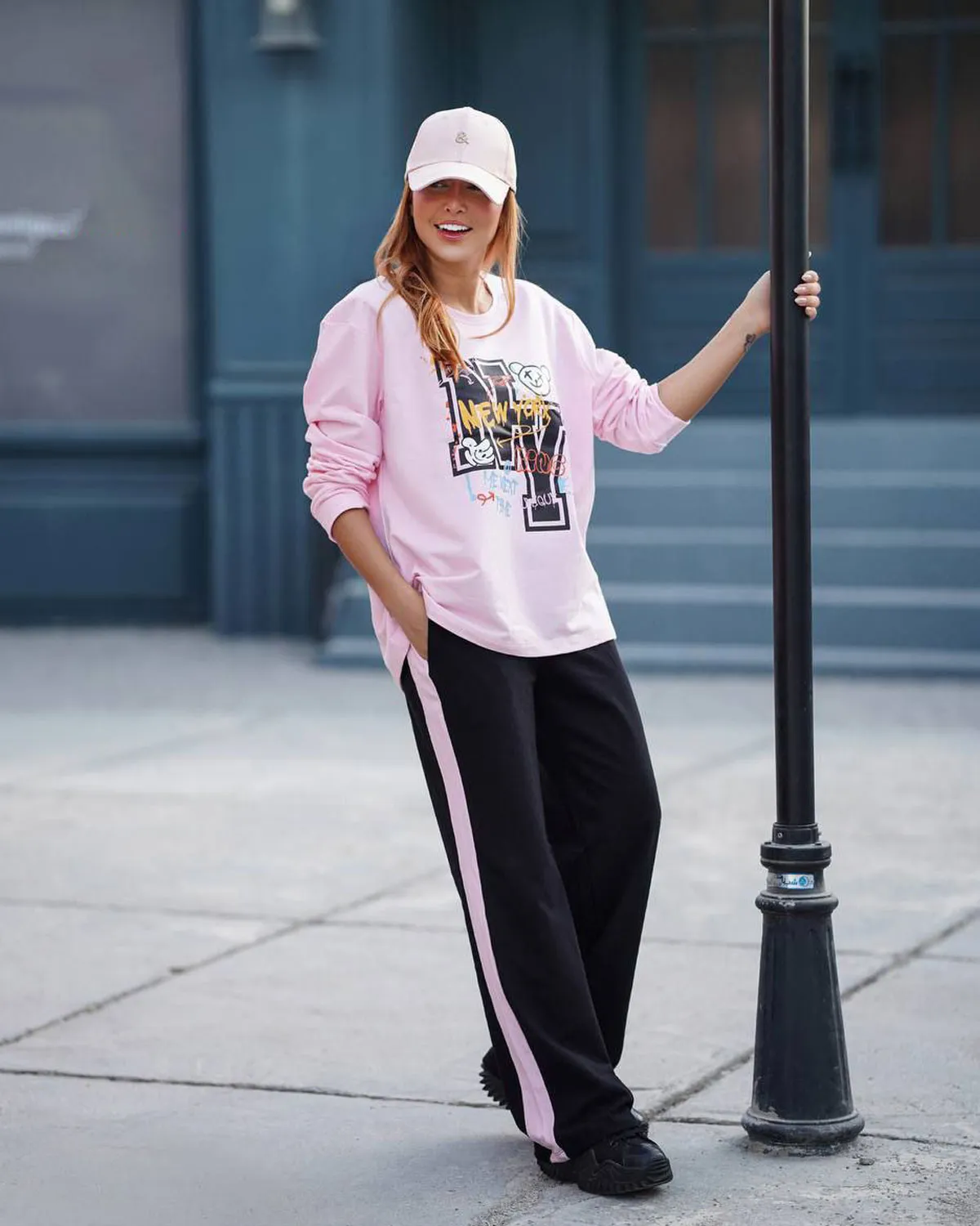 ست زنانه بلوز صورتی و شلوار NEW YORK