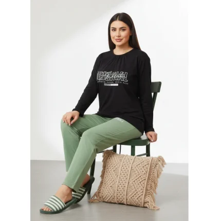 ست تیشرت آستین بلند مشکی و شلوار سبز زنانه مدل original