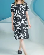 پیراهن زنانه آستین کوتاه یقه گرد طرحدار(سیاه و سفید)