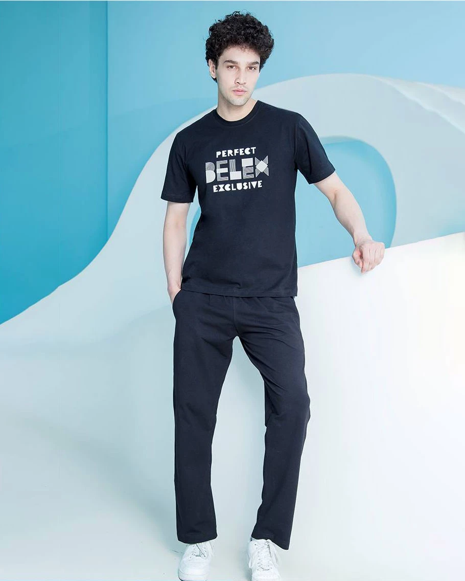 ست مردانه تیشرت چاپدار و شلوار پشت دورس