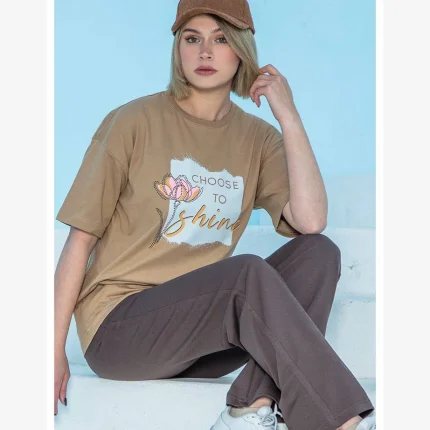 ست زنانه تیشرت چاپدار و شلوار دمپا آزاد