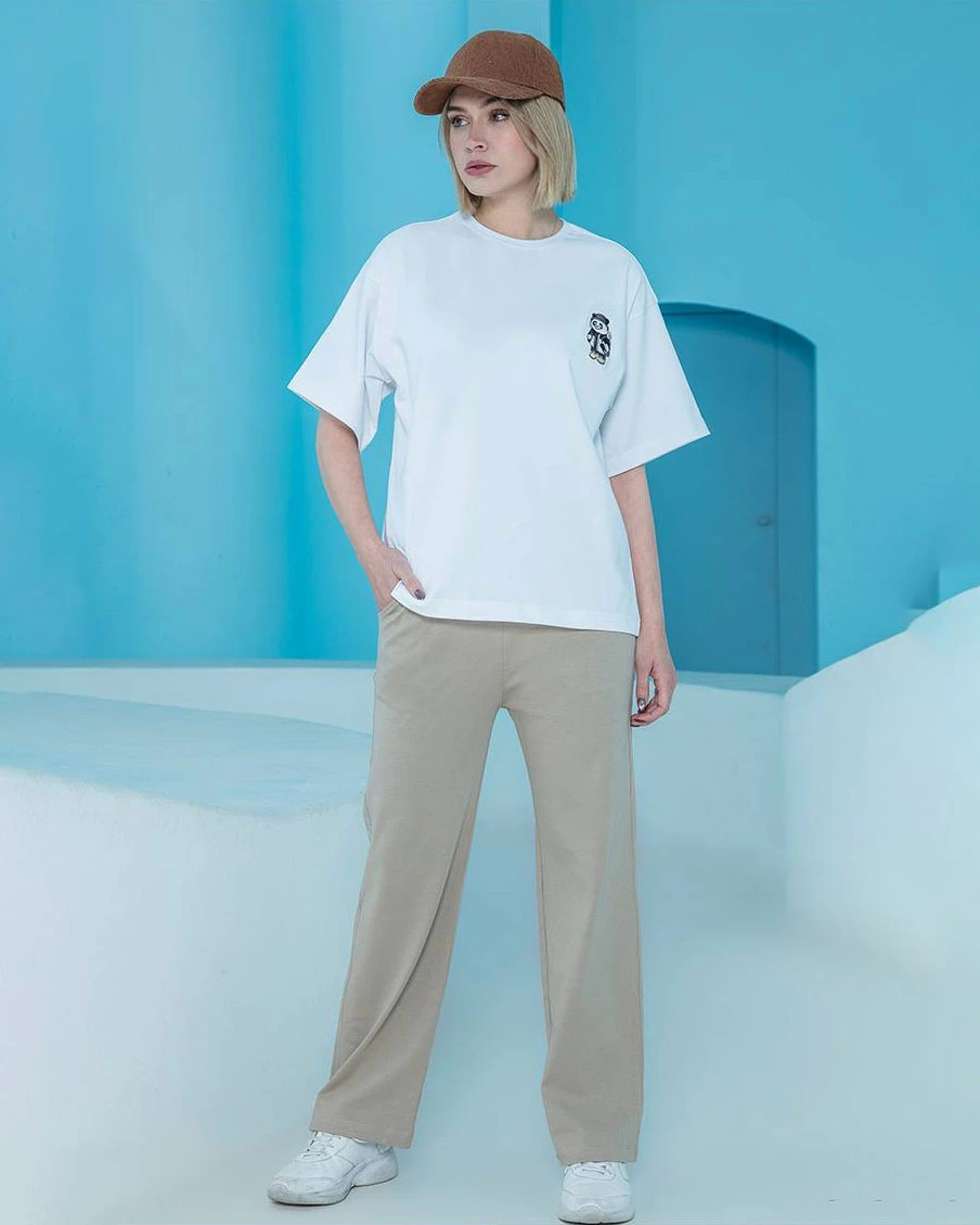 ست زنانه تیشرت گلدوزی شده ماکان و شلوار دمپا آزاد ماکان طرح پاندا