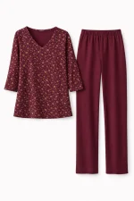 ست بلوز و شلوار زنانه نخی EVLI رنگ زرشکی | دوخت درجه‌یک و راحت - تصویر 2