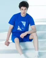 ست مردانه تیشرت آبی کاربنی برجسته و شلوارک