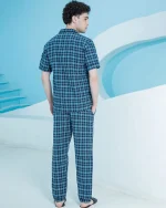 ست راحتی مردانه آبی چهارخانه (کت آستین کوتاه و شلوار) - سوپر پنبه - تصویر 2