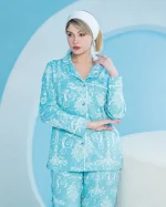 ست زنانه کت آستین بلند و پیژامه آبی درباری مغزی دوزی شده چاپدار