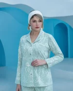 ست زنانه کت آستین بلند و پیژامه سبز پسته ای مغزی دوزی شده چاپدار