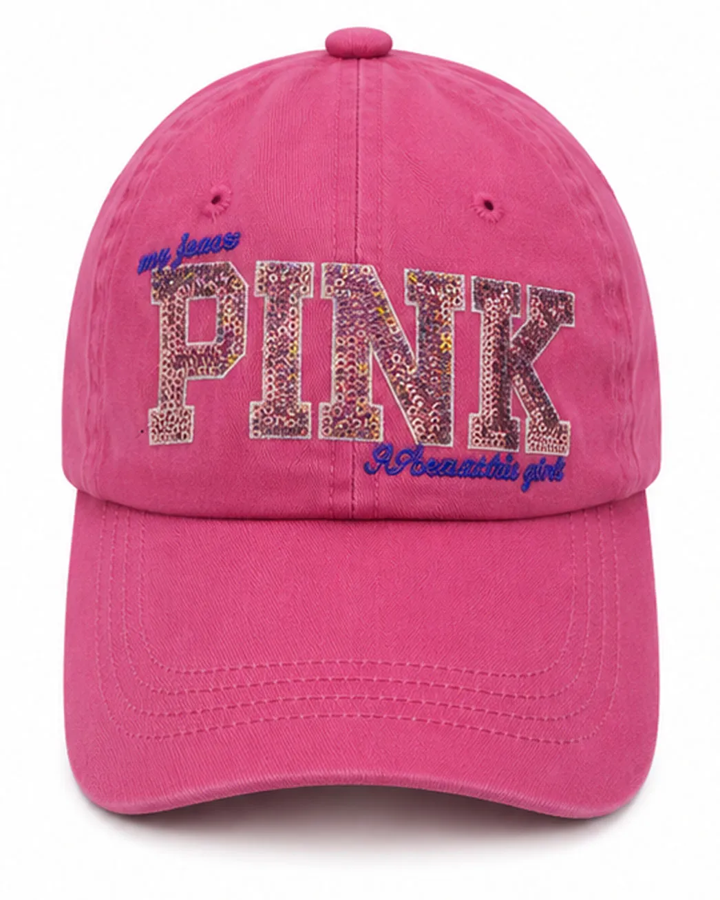 کلاه کپ دخترانه طرح PINK (پولک‌دوزی شده - سرخابی)